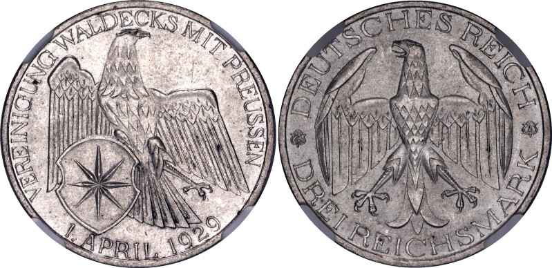 Germany - Weimar Republic 3 Reichsmark 1929 A NGC MS 62
KM# 62, N# 44133; Silve...
