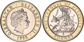 Gibraltar 2 Pounds 1998 PM
KM# 757, N# 14623; Bimetallic: Copper-Nickel Centre in Nickel Brass ring; Elizabeth II; The Labours of Hercules Series - T...