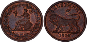 Great Britain Walthamstow, Essex 1/2 Penny 1813 Token
Withers# 612, Davis# 38, N# 6316; Copper 8.39 g., 29.1 g.; British Copper Company; Obv: A lion ...