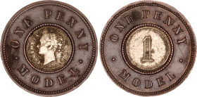 Great Britain 1 Penny 1844 (ND) Model Coinage
X# 9b, N# 137951; Bimetallic: Brass Centre in Copper Ring; 3.92 g ., 22.4 mm; Victoria; XF
