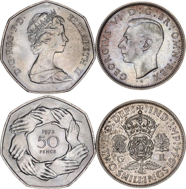 Great Britain 50 Pence - 2 Shilling 1944 - 1973
KM# 855, 918; With Silver; Geor...