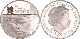Great Britain 5 Pounds 2010
KM# 1153, N# 18534; Silver., Proof; A Celebration of Britain: The Body series - Rhossili Bay; Series: London 2012; Elizab...
