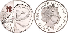 Great Britain 5 Pounds 2010
KM# 1156, N# 18537; Silver., Proof; A Celebration of Britain: The Body series - Barn Owl; Series: London 2012; Elizabeth ...