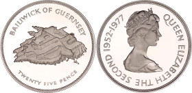 Guernsey 25 Pence 1977
KM# 31a, N# 44087; Silver., Proof; 25th Anniversary of the Accession of Queen Elizabeth II; Mintage 25000 pcs.