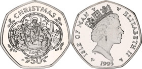 Isle of Man 50 Pence 1993
KM# 356a, N# 10752; Die letters AA; Silver 13.25 g., Proof; Elizabeth II; AUNC/UNC with minor hairlines