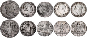 Italy Lot of 5 Silver Coins 1863 - 1930
Various Dates, Denominations & Rulers; Silver; F-XF