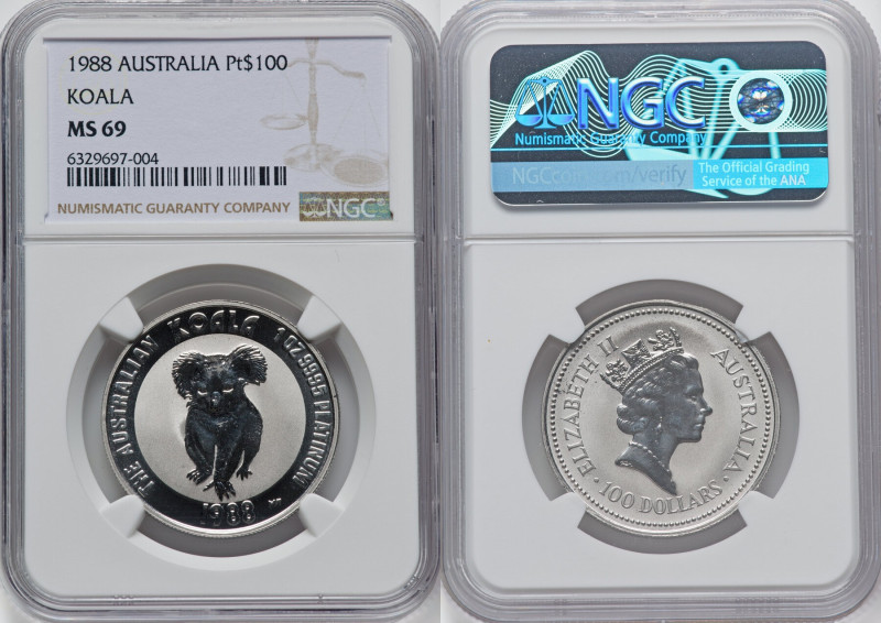 Elizabeth II platinum "Koala" 100 Dollars 1988 MS69 NGC, Perth mint, KM111. HID0...