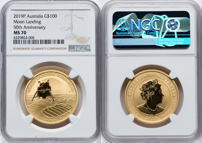 Elizabeth II gold "Moon Landing 50th Anniversary" 100 Dollars 2019-P MS70 NGC, P...