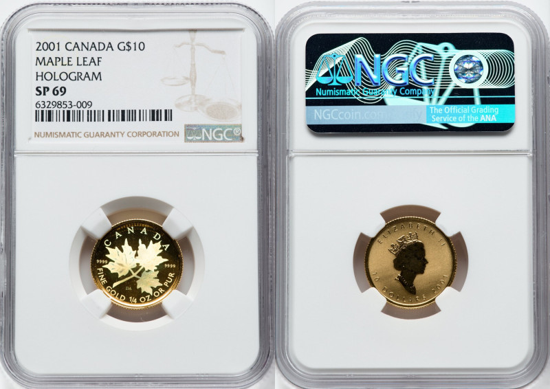Elizabeth II gold Hologram Specimen "Maple Leaf" 10 Dollars (1/4 oz) 2001 SP69 N...