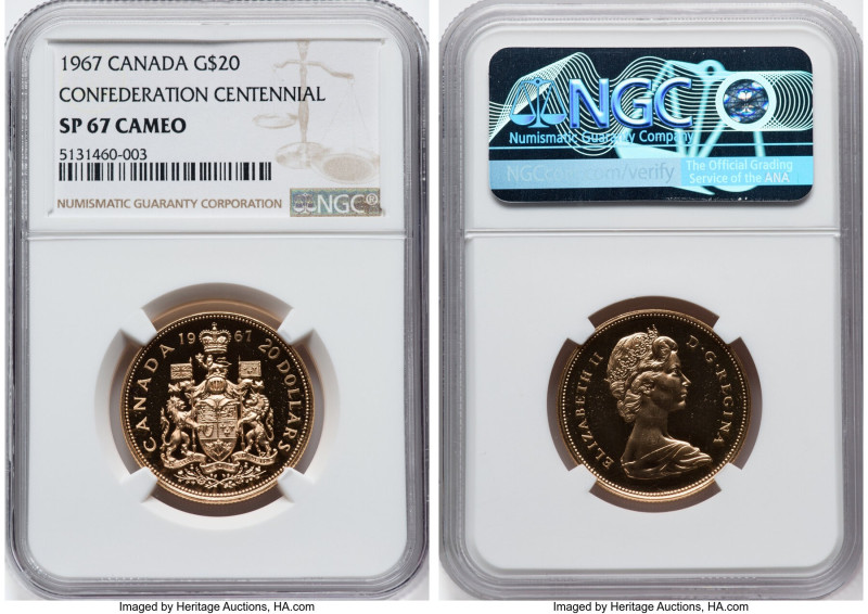 Elizabeth II gold Specimen "Confederation Centennial" 20 Dollars 1967 SP67 Cameo...