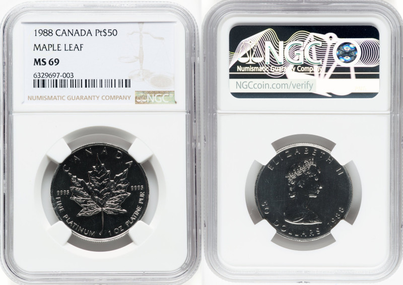 Elizabeth II platinum "Maple Leaf" 50 Dollars 1988 MS69 NGC, Royal Canadian mint...