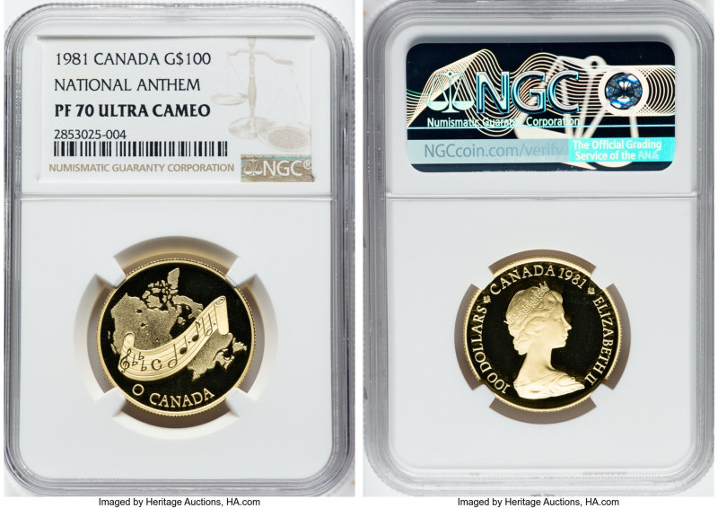 Elizabeth II gold Proof "National Anthem" 100 Dollars 1981 PR70 Ultra Cameo NGC,...