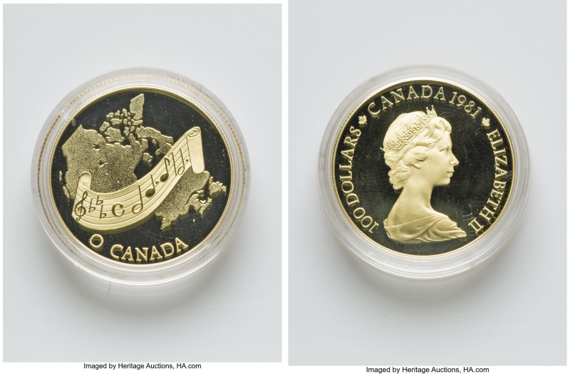Elizabeth II gold Proof "National Anthem" 100 Dollars 1981 UNC, KM131. Accompani...