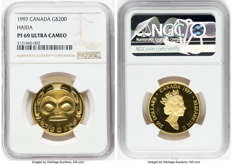 Elizabeth II gold Proof "Haida Mask" 200 Dollars 1997 PR69 Ultra Cameo NGC, Roya...