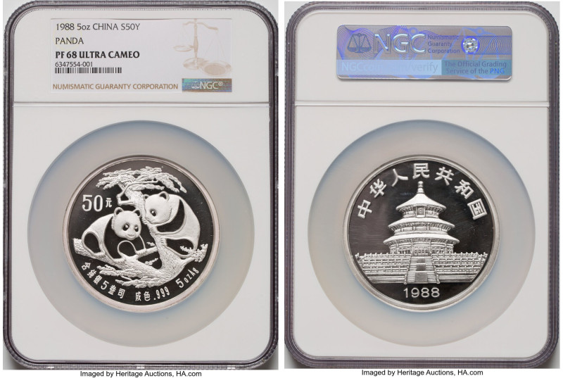 People's Republic silver Proof Panda 50 Yuan (5 oz) 1988 PR68 Ultra Cameo NGC, K...