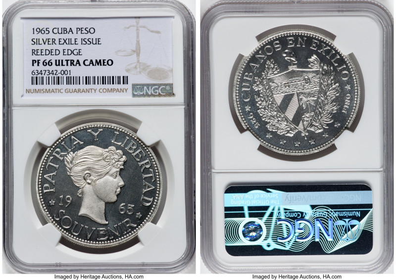 Exile Issue silver Proof Souvenir Peso 1965 PR66 Ultra Cameo NGC, Havana mint, K...