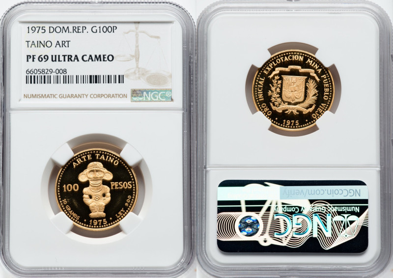 Republic gold Proof "Taino Art" 100 Pesos 1975 PR69 Ultra Cameo NGC, KM39. HID09...