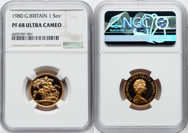 Elizabeth II gold Proof Sovereign 1980 PR68 Ultra Cameo NGC, KM919. Sharply stru...