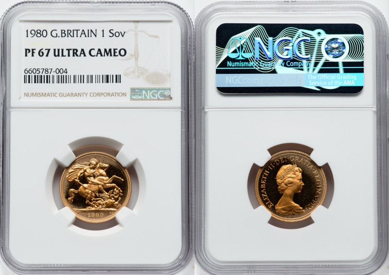 Elizabeth II gold Proof Sovereign 1980 PR67 Ultra Cameo NGC, KM919. Exceptionall...