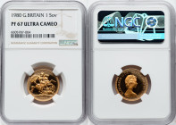 Elizabeth II gold Proof Sovereign 1980 PR67 Ultra Cameo NGC, KM919. Exceptionally detailed, with some color change creeping in slightly from the rims....