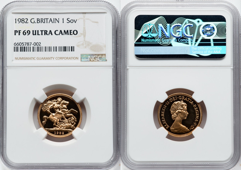 Elizabeth II gold Proof Sovereign 1982 PR69 Ultra Cameo NGC, KM919. HID098012420...