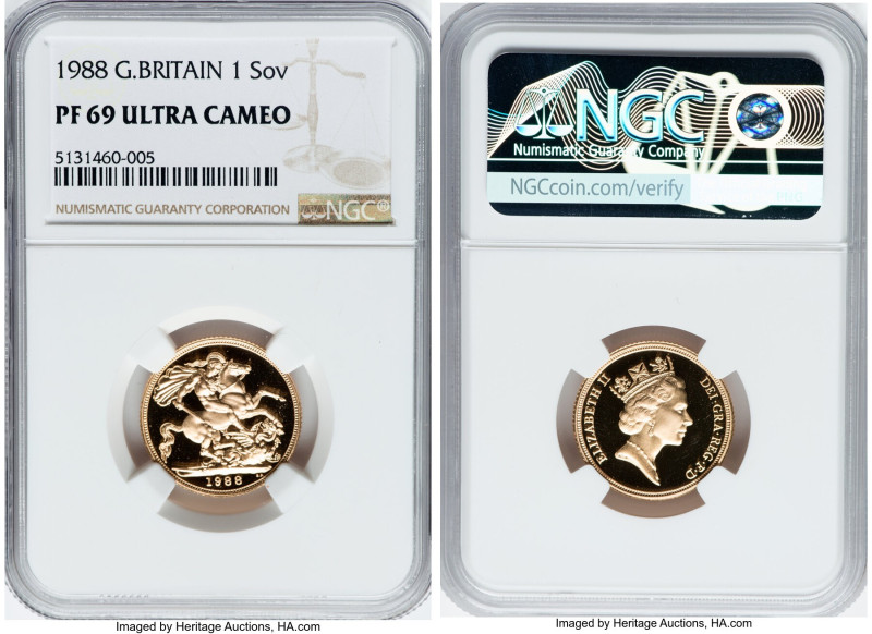 Elizabeth II gold Proof Sovereign 1988 PR69 Ultra Cameo NGC, KM943. Accompanied ...