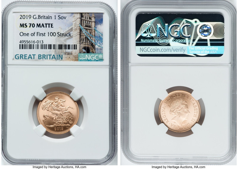 Elizabeth II gold Sovereign 2019 MS70 Matte NGC, S-SC9. Accompanied by Royal Min...