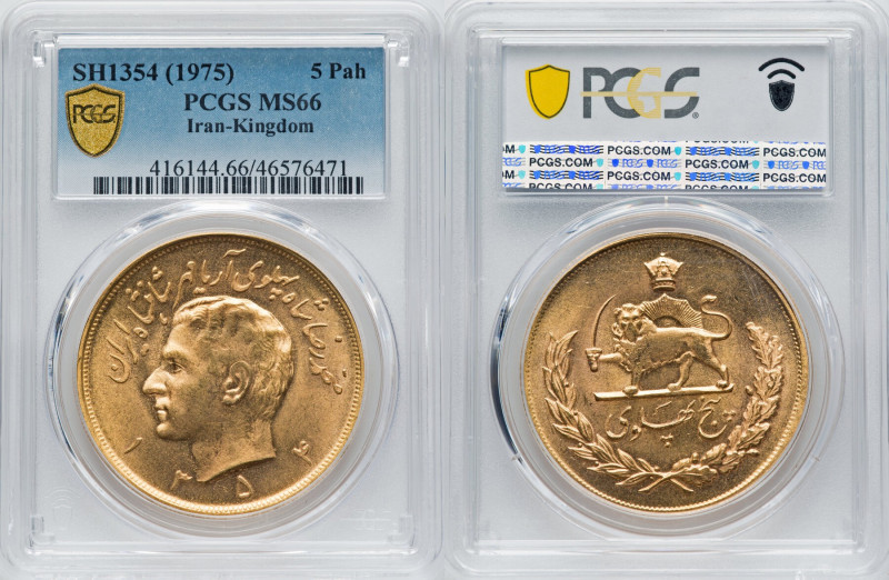 Muhammad Reza Pahlavi Shah gold 5 Pahlavi AH 1354 (1975) MS66 PCGS, KM1202. HID0...
