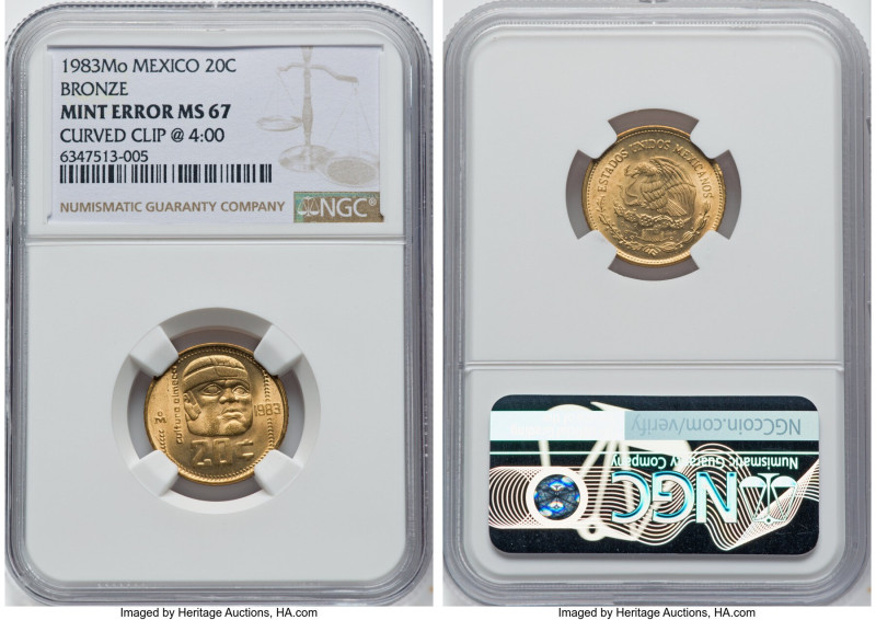 Estados Unidos Mint Error - Curved Clip at 4 O'clock "Olmec Culture" 20 Centavos...