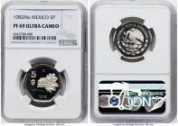 Estados Unidos Proof "Quetzalcoatl" 5 Pesos 1982-Mo PR69 Ultra Cameo NGC, Mexico City mint, KM485. Beginning to exhibit radiant toning. HID09801242017...