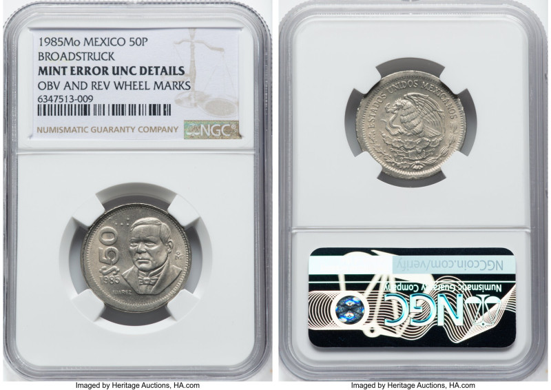 Estados Unidos Mint Error - Broadstruck 50 Pesos 1985-Mo UNC Details (Obverse & ...