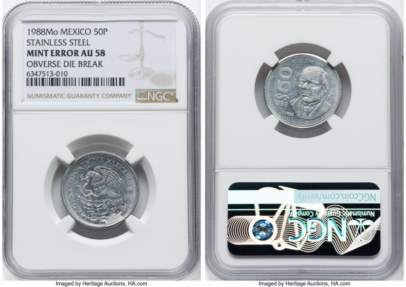 Estados Unidos Mint Error - Obverse Die Break "Benito Juarez" 50 Pesos 1988-Mo A...