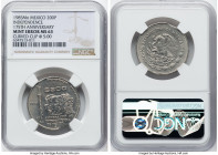 Estados Unidos Mint Error - Curved Clip at 5 O'clock "175th Anniversary of Independence" 200 Pesos 1985-Mo MS63 NGC, Mexico City mint, KM509. Sharply ...