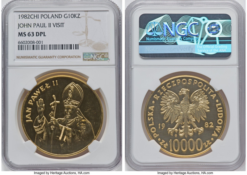 Republic gold "Pope John Paul II Visit" 10000 Zlotych 1982-CHI MS63 Deep Proofli...
