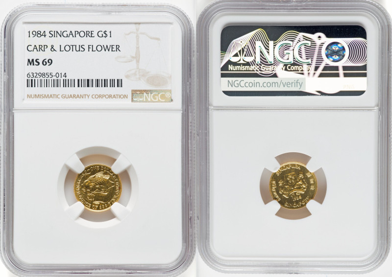 Republic gold "Carp & Lotus Flower" Dollar 1984 MS69 NGC, Singapore mint, KM28. ...