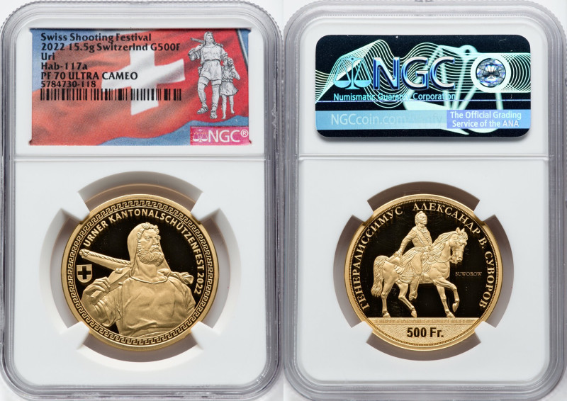 Confederation gold Proof "Uri Shooting Festival" 500 Francs 2022 PR70 Ultra Came...