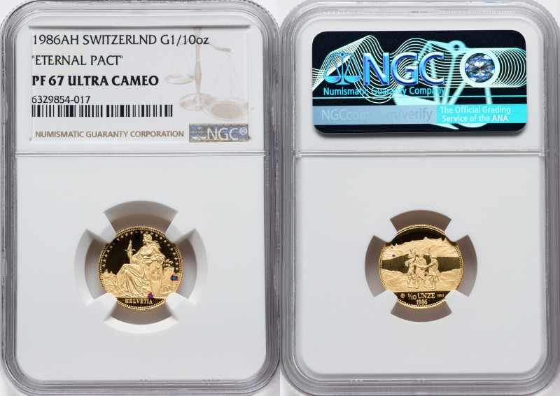Confederation gold Proof "Eternal Pact" 1/10 Unze 1986-AH PR67 Ultra Cameo NGC, ...
