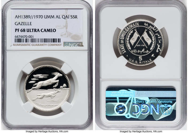Ahmad bid Rashid al-Mualla silver Proof "Gazelles" 5 Riyals AH 1389 (1970) PR68 ...