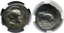 Greek Coins
LUCANIA. Thurium. Circa 350-300 BC. AR Distater 15.70 g. Head of Athena right, wearing crested Attic helmet decorated with Scylla holding...