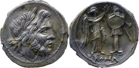 Roman Republic
ANONYMOUS. Sicilian mint. Circa 211-208 BC. AR Victoriatus 2.99 g. Laureate head of Jupiter right / ROMA Victory standing right, crown...