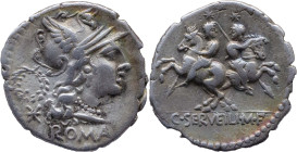 Roman Republic
C. SERVILIUS M. F. Rome. Circa 136 BC. AR Denarius 3.84 g. ROMA, Helmeted head of Roma right, to left, wreath above mark of value / C ...