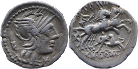 Roman Republic
CN. LUCRETIUS TRIO. Rome. Circa 136 BC. AR Denarius 3.71 g. TRIO, Helmeted head of Roma right; X (mark of value) to lower right. CN LV...