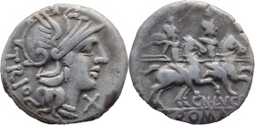 Roman Republic
CN. DOMITIUS AHENOBARBUS. Rome. Circa 128 BC. AR Denarius 3.78. Helmeted head of Roma right, grain ear to left, mark of value to lower...