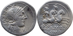 Roman Republic
Q. MINUCIUS RUFUS. Rome. Circa 122 BC. AR Denarius 3.86 g. RVF, Helmeted head of Roma right, X (mark of value) to right / Q MINV - ROM...