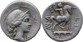 Roman Republic
MN. AEMILIUS LEPIDUS. Rome. Circa 114-113 BC. AR Denarius 3.86 g. ROMA, Laureate, diademed, and draped bust of Roma right, mark of val...