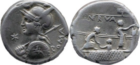 Roman Republic
P. NERVA. Rome. Circa 113-112 BC. AR Denarius 3.87g. ROMA, Helmeted bust of Roma left, holding spear and shield, crescent above, star ...