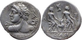 Roman Republic
L. CAESIUS. Rome. Circa 112-111 BC. AR Denarius 3.72g. Youthful, draped bust of Vejovis left, seen from behind, hurling thunderbolt, m...