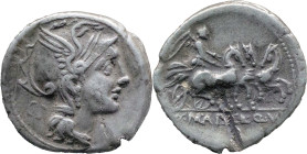 Roman Republic
APPIUS CLAUDIUS PULCHER, T. MANLIUS MANCIUS and Q. URBINIUS. Rome. Circa 111-110 BC. AR Denarius 3.81 g. Helmeted head of Roma right; ...