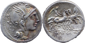 Roman Republic
APPIUS CLAUDIUS PULCHER, T. MANLIUS MANCIUS and Q. URBINIUS. Rome. Circa 111-110 BC. AR Denarius 3.90 g. Helmeted head of Roma right; ...