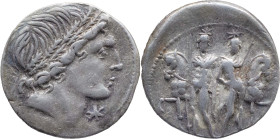 Roman Republic
L. MEMMIUS. Rome. Circa 109-108 BC. AR Denarius 3.92 g. Male head right, wearing oak wreath; mark of value to lower right / Rev: L MEM...